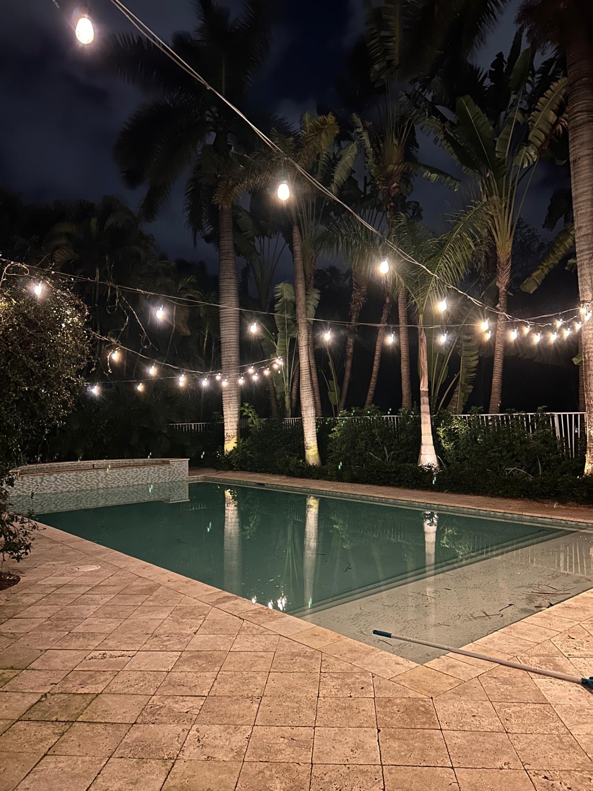 Outdoor string lights strung over a luxury pool with palm tree uplighting — evening entertaining space